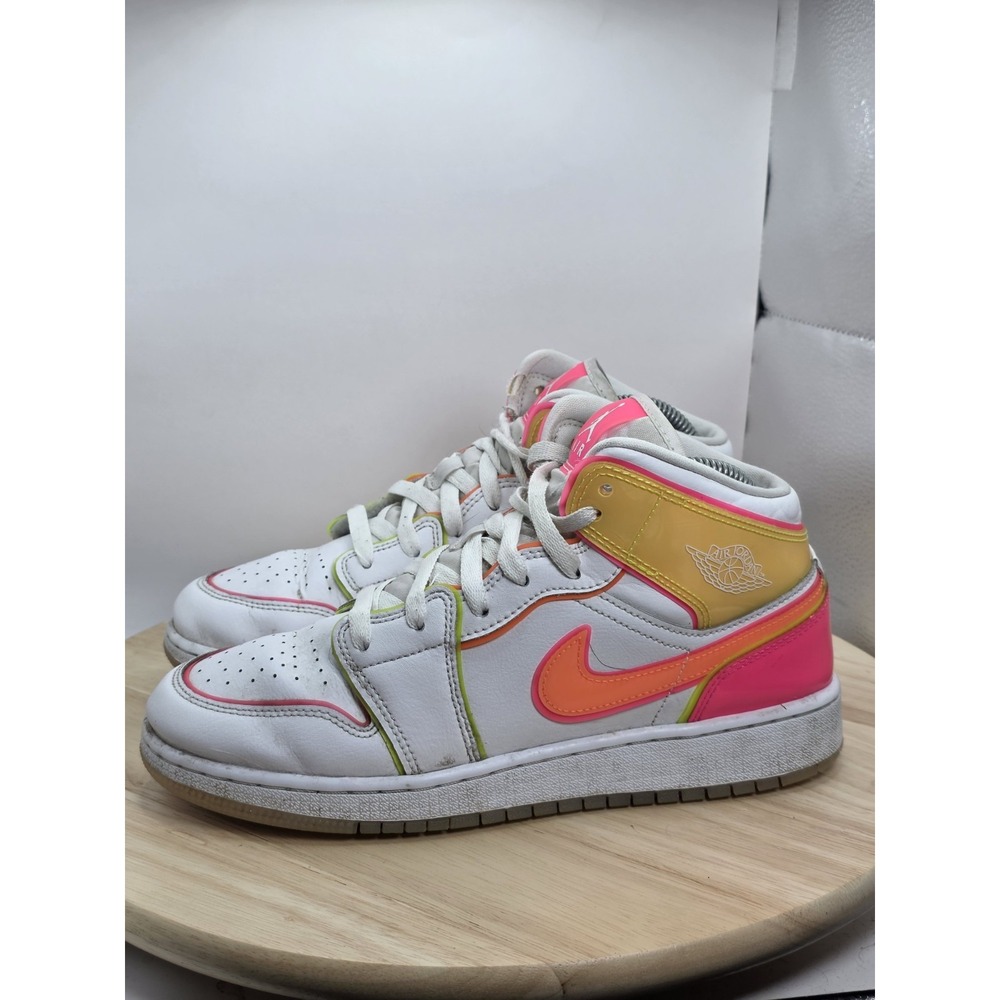 Womens Size 8.5 -Jordan Air Jordan 1 Mid White Pink Orange Leather Sneaker GS 7Y